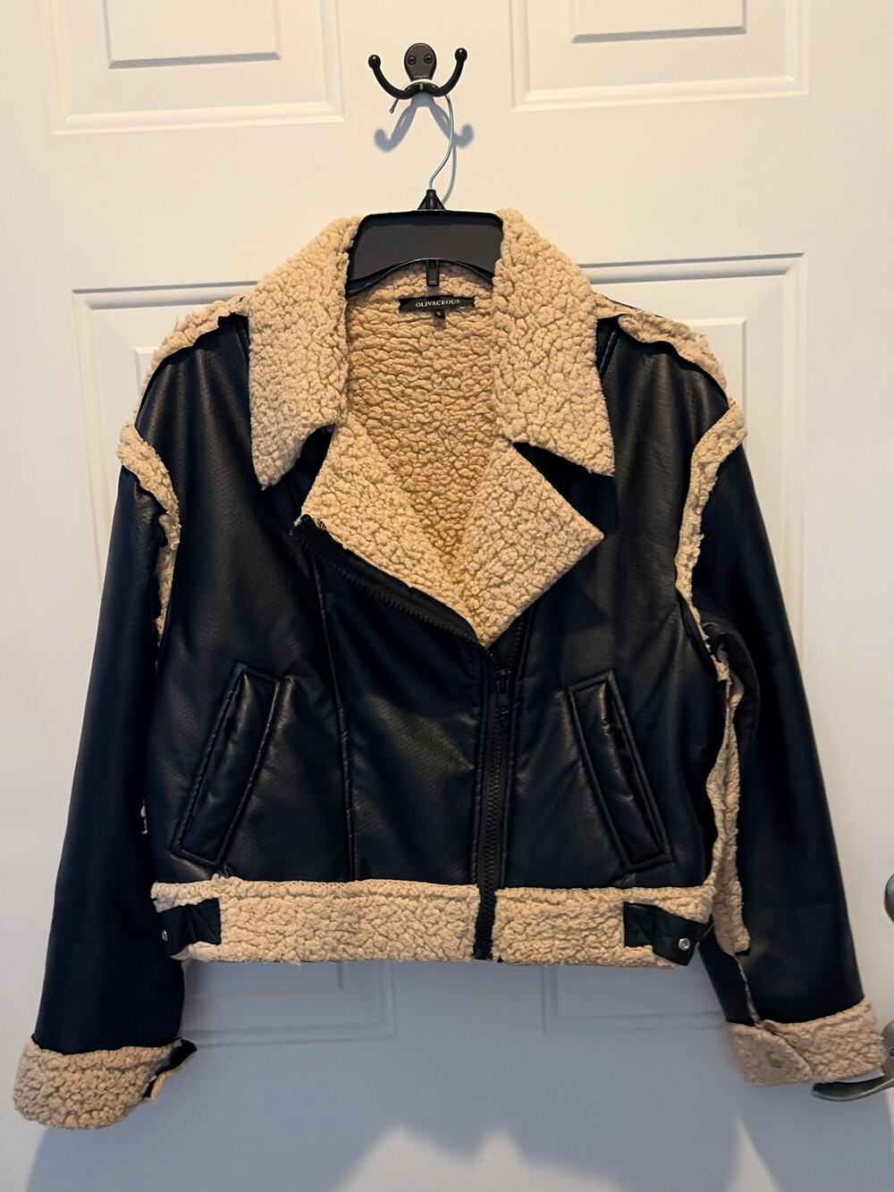 Olivaceous Black Faux Leather Sherpa Jacket Small Cropped Moto Aviator SH2306
